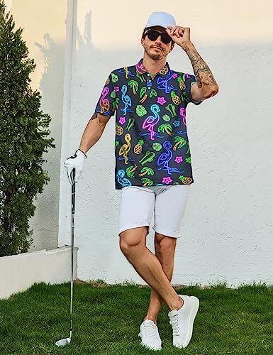 Hawaiian Neon Flamingo Men's Golf Shirt - Gifts for guy friends made simple. Find unique gift Ideas for guys friends. Gifts for guys in their 20s.